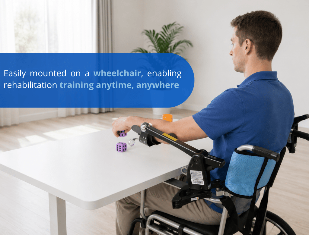 Easily mounted on a wheelchair enabling rehabilitation training anytime anywhere Easily mounted on a wheelchair enabling rehabilitation training anytime anywhere